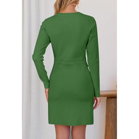 Merokeety Women's Green Long Sleeve Sweater Button Crew Neck Mini Dresses - Picture 4 of 7